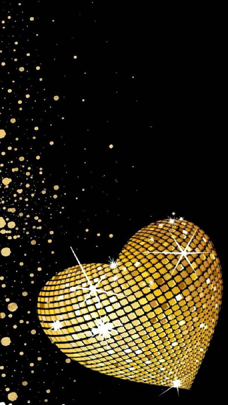 Disco Heart, abstract, background, ball, black, fun, gold, shiny, HD phone wallpaper