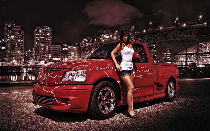 beauty and the beast, brunette, city, girl, pick up, truck, HD wallpaper