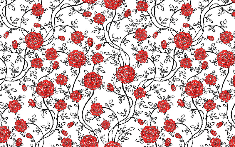 red roses pattern, floral patterns, decorative art, flowers, roses patterns, white floral background, abstract roses pattern, background with roses, floral textures, HD wallpaper