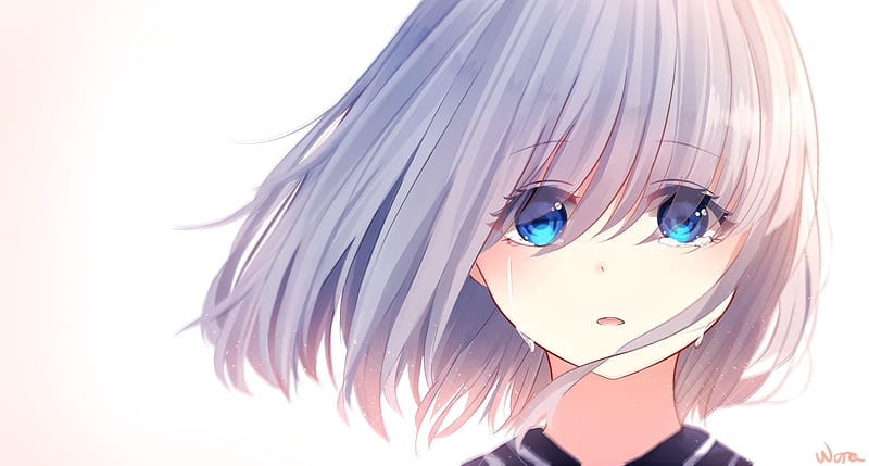 crying, sadness, blue eyes, short hair, anime girl, gray hair, Anime, HD wallpaper
