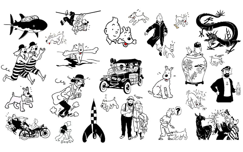 Tintin, cartoons, stunning, space, snowy, shuttle, rocket, nice, famous, dog, herge, black, collage, cartoon, bd, adventure, cool, france, entertainment, awesome, great, white, dogs, red, black and white, comics, bonito, animal, animals, amazing, fun, adventures, comic, milou, drawing, funny, collages, HD wallpaper