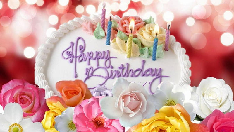 Pastel de cumpleaños feliz con velas y flores de colores en luces de bokeh feliz  cumpleaños, Fondo de pantalla HD | Peakpx