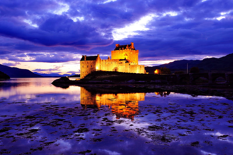 Scottish fortress, dusk, bonito, twilight, clouds, mirrored, europe, afternoon, nice, river, scottish, reflection, great britain, light, blue, lovely, clear, england, sky, lake, water, fortress, nature, scotland, castle, HD wallpaper