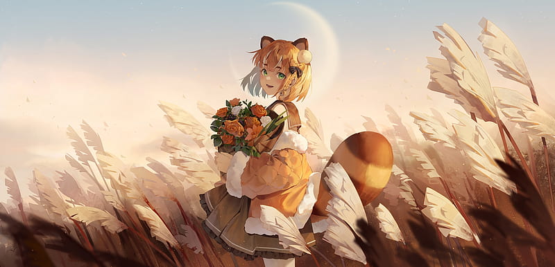 anime fox girl, tail, field, wind, moon, animal ears, cute, flower bouquet, Anime, HD wallpaper