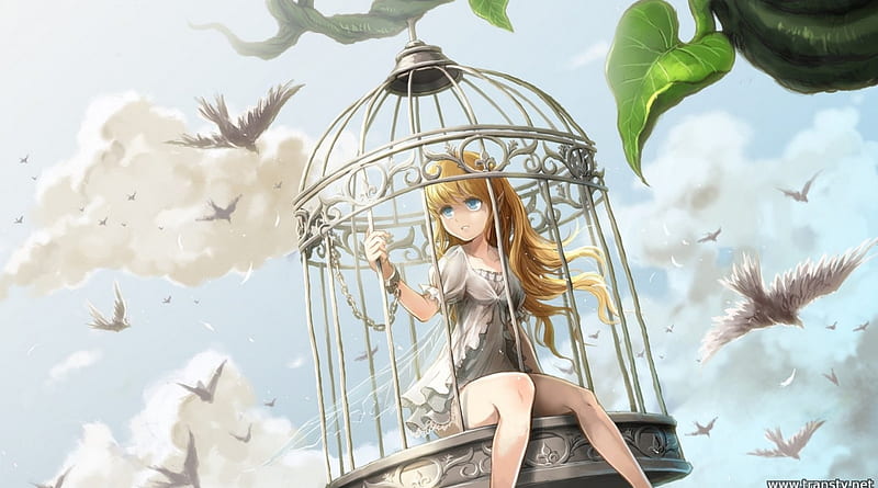 Girl in a cage, Anime, Sky, Artwork, Chains, Girl, Cage, Birds, HD wallpaper
