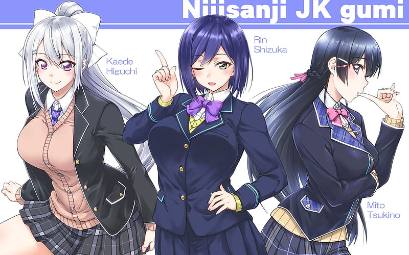 Nijisanji group, Higuchi Kaede, Japanese Virtual Youtuber, Tsukino Mito, Shizuka Rin, high school girl group, art, Japanese manga, anime characters, HD wallpaper