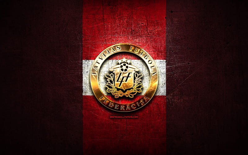 Latvia National Football Team, golden logo, Europe, UEFA, red metal background, Latvian football team, soccer, LFF logo, football, Latvia, HD wallpaper