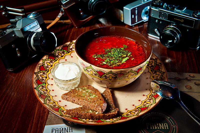 borscht soup, camera, bread, spoon, Flowers, HD wallpaper
