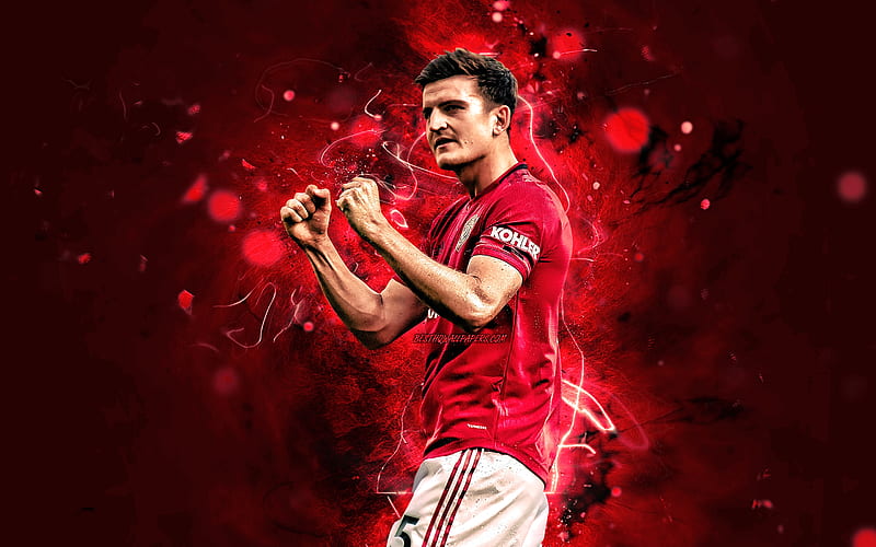 Harry Maguire, 2020, Manchester United FC, english footballers, Premier League, Jacob Harry Maguire, neon lights, soccer, football, Man United, HD wallpaper