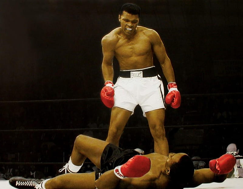 GET UP!!!!, muhammad ali, fighting, sonny liston, shirtless, boxing, boxing gloves, mouth guard, gloves, shorts, black background, fight, cassius clay, esports, HD wallpaper