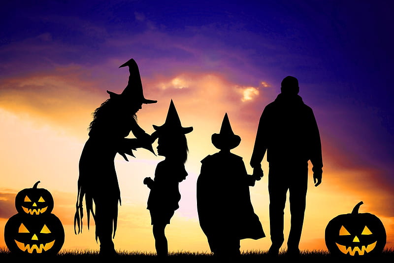 Halloween, family, orange, pumpkin, children, black, silhouette, HD wallpaper