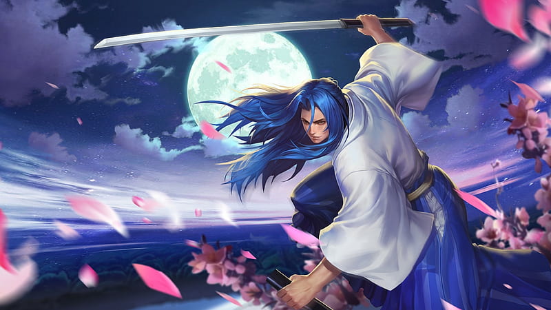 Ukyo Tachibana, moon, luminos, game, man, fantasy, moon, petals, white, pink, blue, king of glory, HD wallpaper