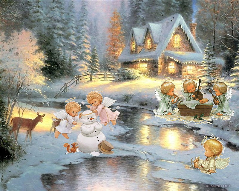 Light winter, nativity, christmas, snow, village, angels, HD wallpaper