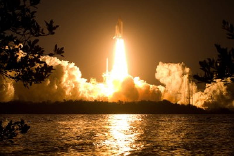 STS 119 LAUNCH, mission, rocket, water, sts119, sky, lake, discovery, space shuttle, HD wallpaper