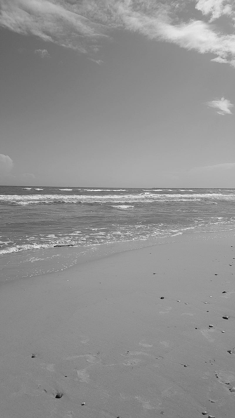 Beach Vibes, black and white, calm, nature, ocean, outdoors, sand, serenity, water, waves, HD phone wallpaper