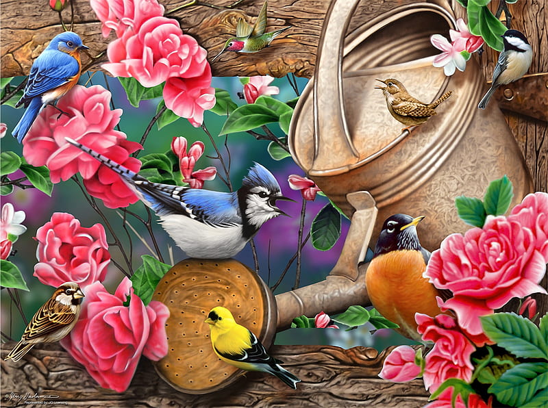Watering Can, painting, birds, flowers, hummingbird, sparrow, jay, goldfinch, blue, HD wallpaper