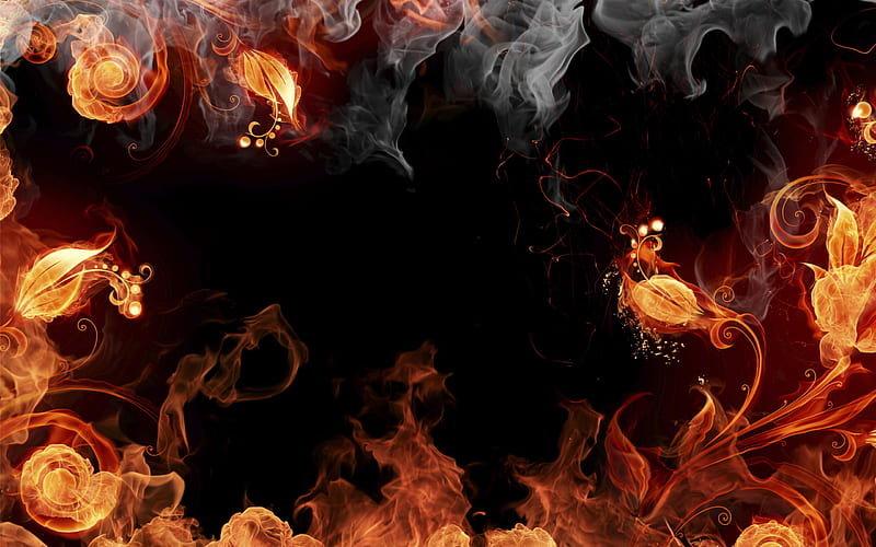 No Smoke without Fire Flowers, fire, orange, gris, flowers, black, smoke, HD wallpaper