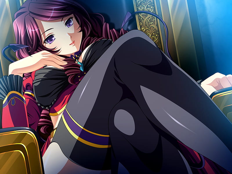 Hot Anime girl, bonito, blush, purple hair, thigh highs, sexy, cute, blushing, hot, beauty, anime girl, long hair, HD wallpaper