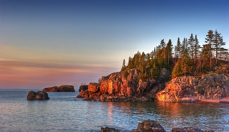 Silver Bay, Minnesota, rocks, water, cliff, firs, sea, HD wallpaper