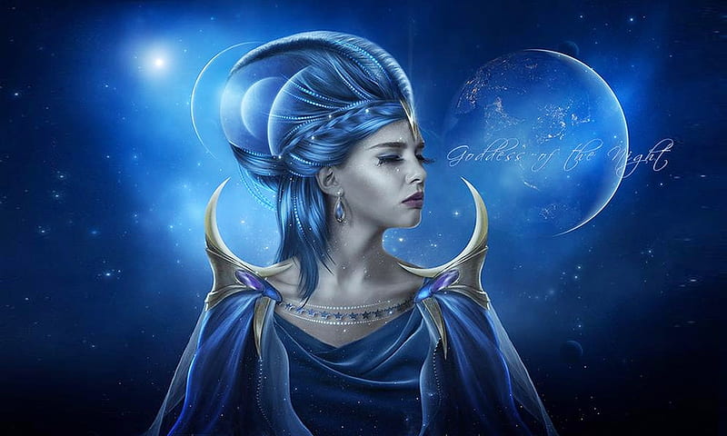 Goddess of The Night, Pretty, fantasy, moon, enchanting, dreamy, Goddess, Face, Blue, HD wallpaper