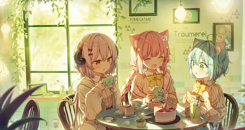 anime girls, cafe, animal ears, friends, eating cake, Anime, HD wallpaper