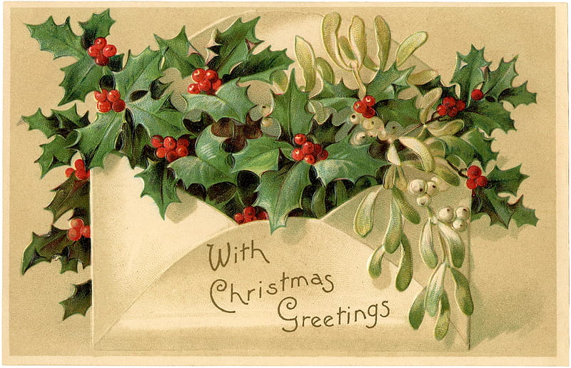 Merry Christmas!, red, mistletoe, christmas, green, craciun, letter, vintage, card, HD wallpaper