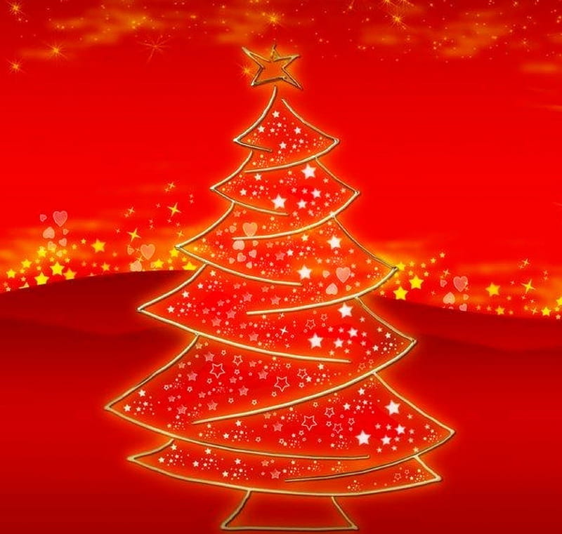 Christmas, gilt, red, Tree, HD wallpaper