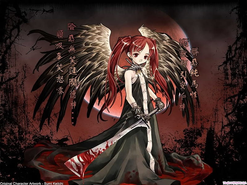 dark angel, wings, girl, anime, angel, dark, sword, blood, HD wallpaper