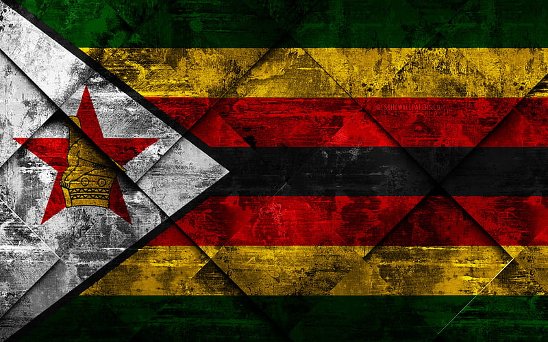 Flag of Zimbabwe grunge art, rhombus grunge texture, Zimbabwe flag, Africa, national symbols, Zimbabwe, creative art, HD wallpaper