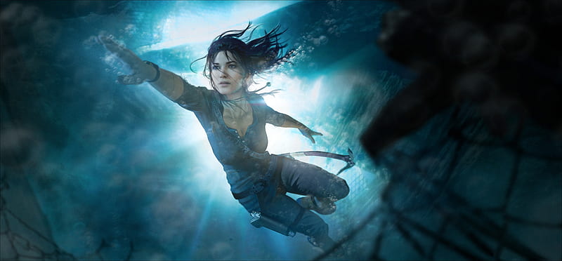 Lara Croft, underwater, luminos, game, woman, sea, tomb rider, fantasy, girl, white, blue, HD wallpaper