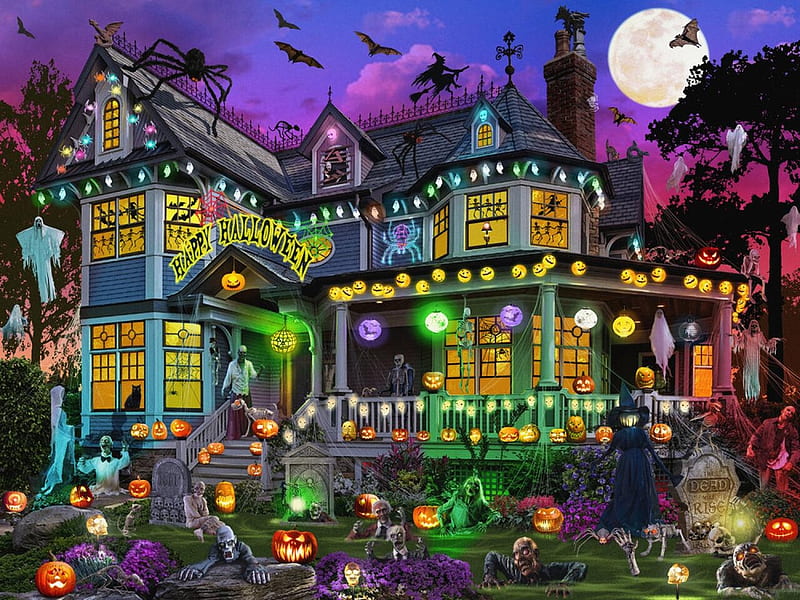 The Halloween House, with, october, halloween, purple, home, pumpkins, HD wallpaper
