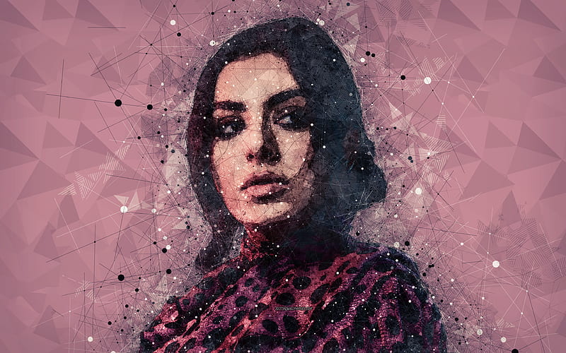 Charli XCX, british singer, art geometric art, face, creative art, purple abstract background, Charlotte Emma Aitchison, HD wallpaper