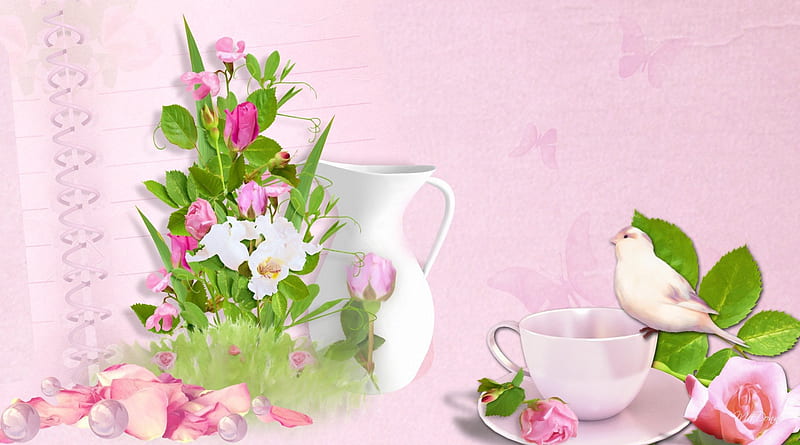 Summer Rose Season, china, crockery, pitcher, roses, Mothers Day, tea cup, leaves, bird, bouquet, flowers, petals, pink, light, HD wallpaper