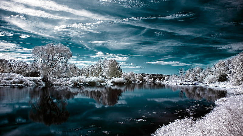 Frozen Reflection in the Lake, Lake, Reflection, Frozen, Winter, Landscape, HD wallpaper