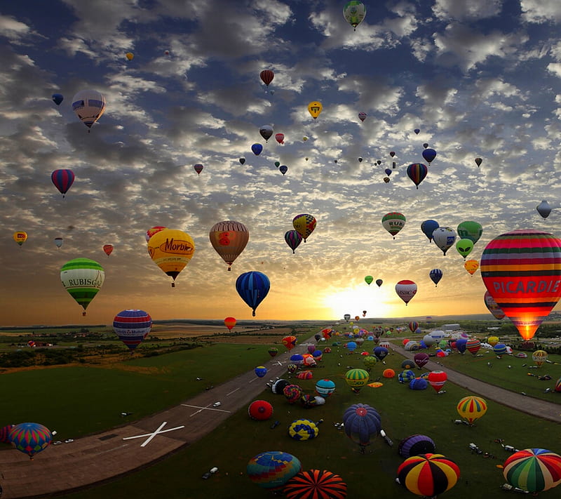 Balloons, awesome, beauty, cool, nature, sky, sunset, view, HD wallpaper