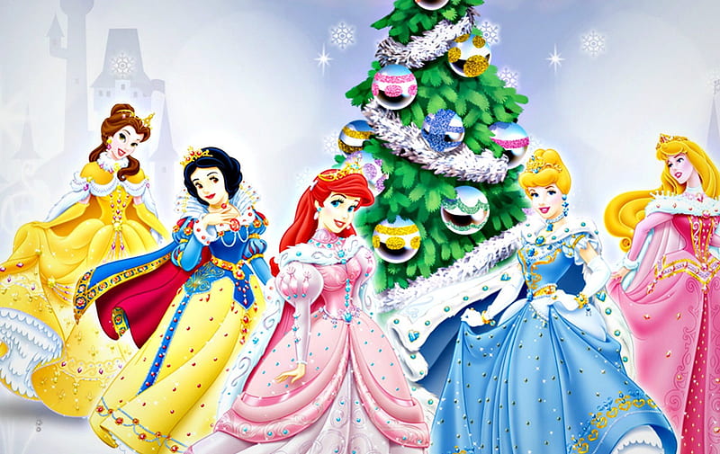 Disney princesses, red, dress, christmas, aurora, snow white, belle, yellow, cinderella, tree, green, fir, white, princess, pink, disney, blue, HD wallpaper