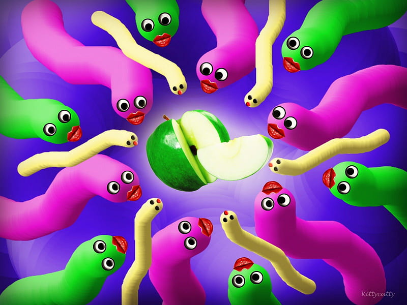 Funny Colored Worms , apple, worm, colors, mind teasers, worms, abstract, green, funny, pink, HD wallpaper