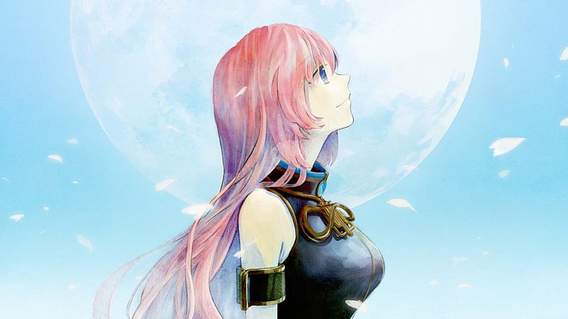 Where Are You?, vocaloid, pretty, sky, megurine luka, looking up, moon, anime, petals, long hair, pink hair, HD wallpaper
