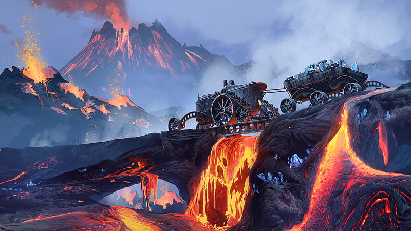 Scifi Steampunk Mountain Vehicle Mining Lava, steampunk, scifi, mountains, volcano, artist, lava, digital-art, artwork, artstation, HD wallpaper