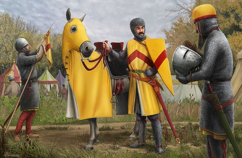 Knight, horse, art, man, cal, armor, fantasy, painting, yellow, pictura, helmet, red, warrior, HD wallpaper