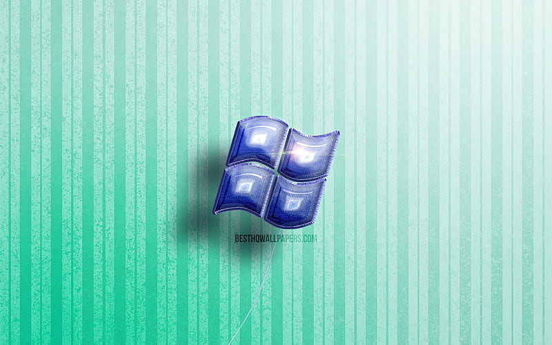 Windows 3D logo, blue realistic balloons, OS, Windows logo, blue wooden backgrounds, Windows, HD wallpaper
