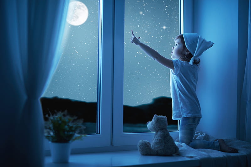 Little Girl, Girl, Moon, Window, Night, Stars, HD wallpaper