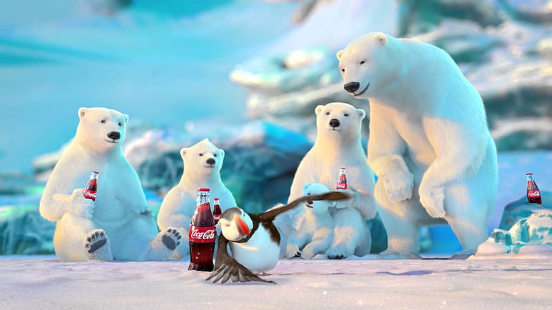 :), penguin, winter, fantasy, add, commercial, coca cola, white, blue, polar bear, HD wallpaper