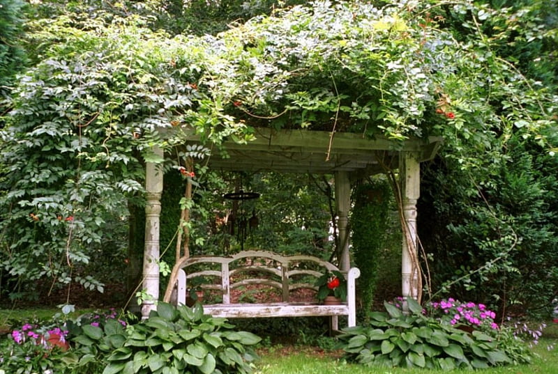Palo-Verdes-Estate, flowers, nature, seat, swing, HD wallpaper