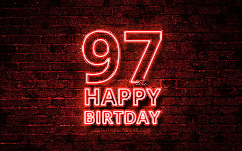 Happy 97 Years Birtay red neon text, 97th Birtay Party, red brickwall, Happy 97th birtay, Birtay concept, Birtay Party, 97th Birtay, HD wallpaper