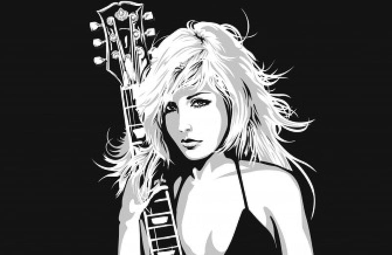 Rock Girl, instrument, guitar, girl, music, blonde, eyes, strings, vector, HD wallpaper