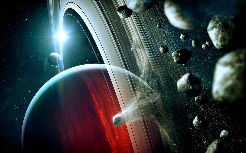 Saturn, asteroids, digital art, galaxy, sci-fi, universe, NASA, planets, Saturn from space, HD wallpaper