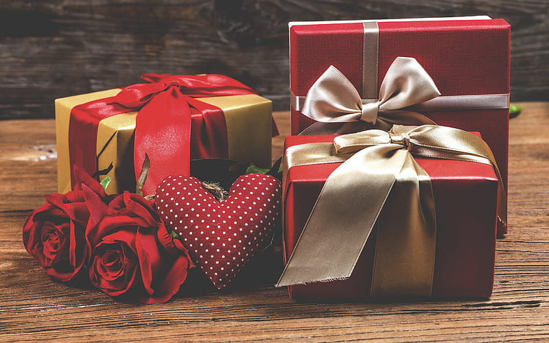 Happy Valentines Day, gifts, red roses, romance, bouquet of flowers, gifts boxes, HD wallpaper