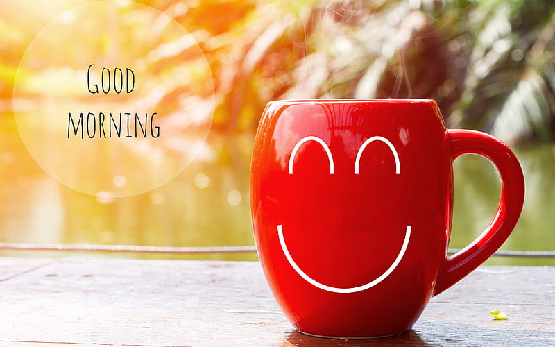 Good Morning, red cup blurred backgrounds, good morning wish, creative, artwork, good morning concepts, HD wallpaper