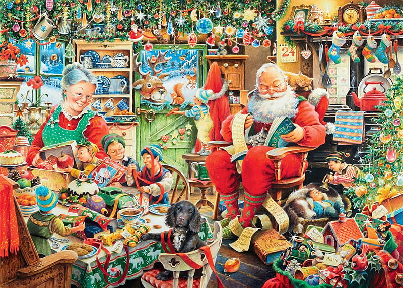 Santa's family, red, family, art, craciun, christmas, toy, man, old, santa, trevor mitchell, painting, pictura, HD wallpaper
